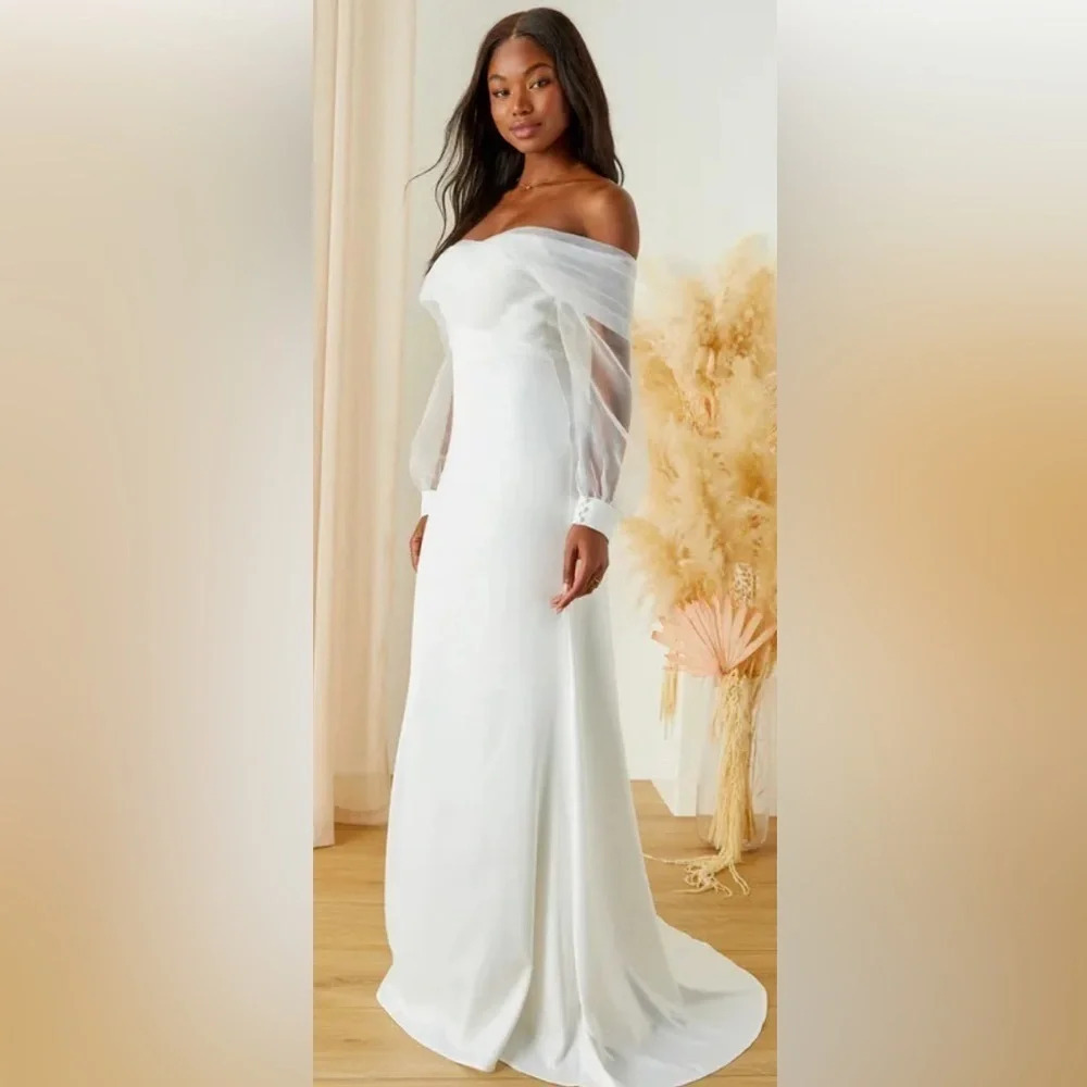 Blissfully Loved White Satin Organza Off-the-Shoulder Maxi Dress Size Lg #0513 - Picture 2 of 5